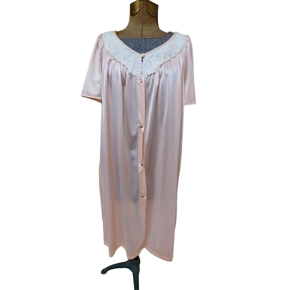 Vintage Vanity Fair Pink Silky Button Up Night Robe Short Sleeve Womens Large